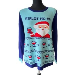 Norther Pole Womens Blue Santa Claus Wine Merlot Ho Ho Christmas Holiday Sweater